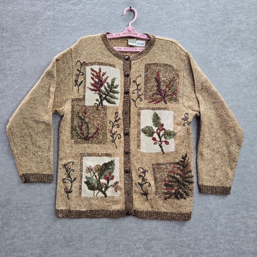 VINTAGE Cascade Blues Women Sweater 1X Brown Floral Silk Blend Button Up READ